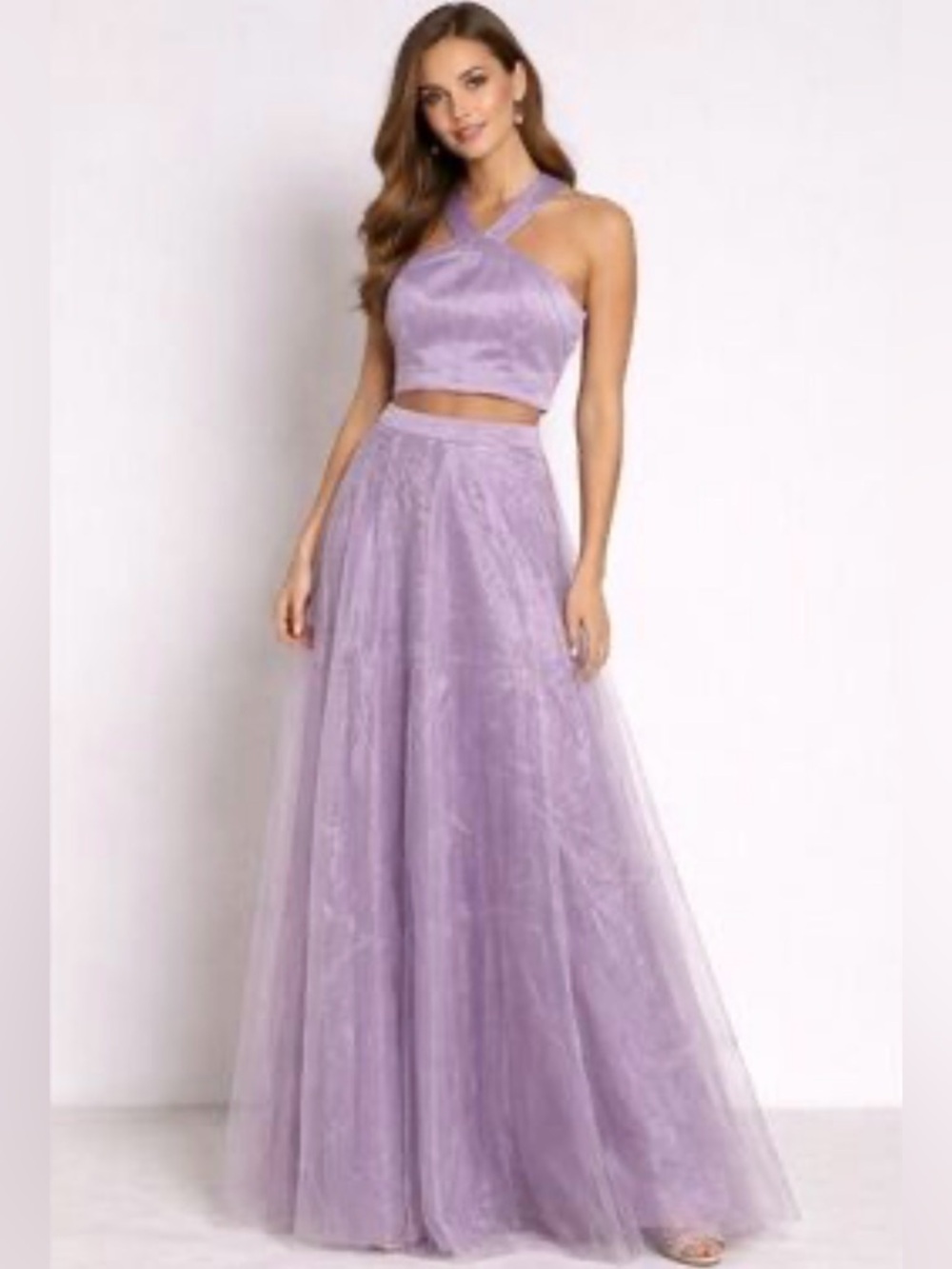 Lulus Two Piece Halter Organza Maxi Dress XS Lavender Lilac NEW Wedding Prom